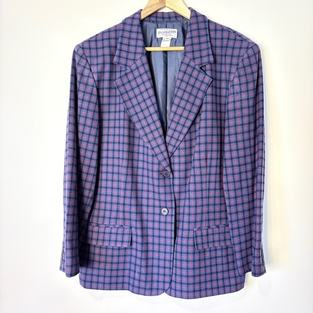 Pendleton 100% Wool Blue Purple Plaid Blazer Vintage Classic Preppy